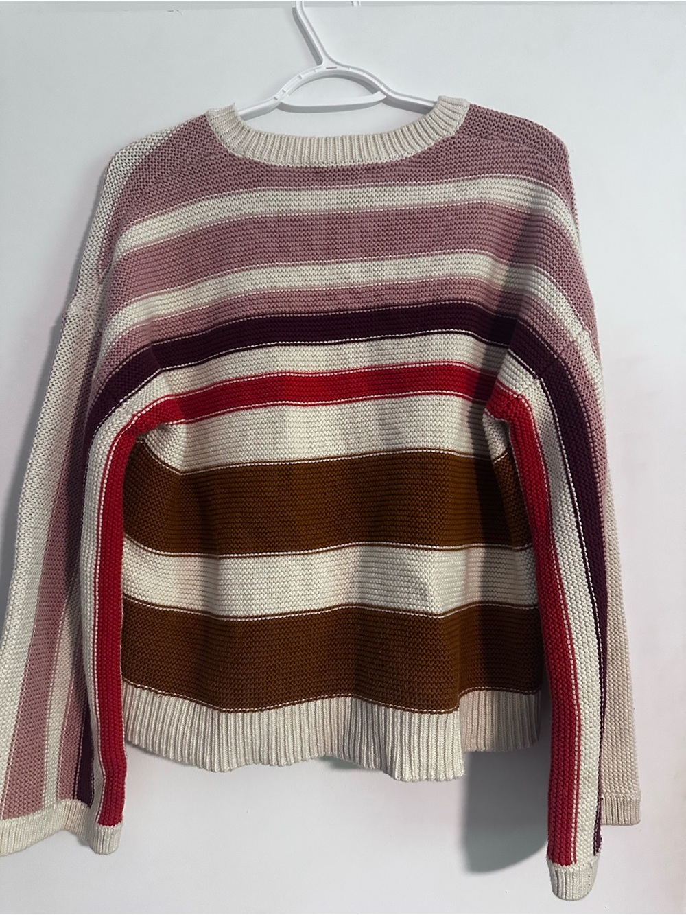 Madewell Striped Crewneck Sweater in Pink, Brown & Cream with Red Accents